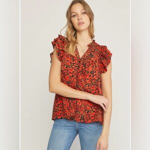 NEW ENTRO Ruffle Floral Short Sleeve Fall Too! Size L NWT!